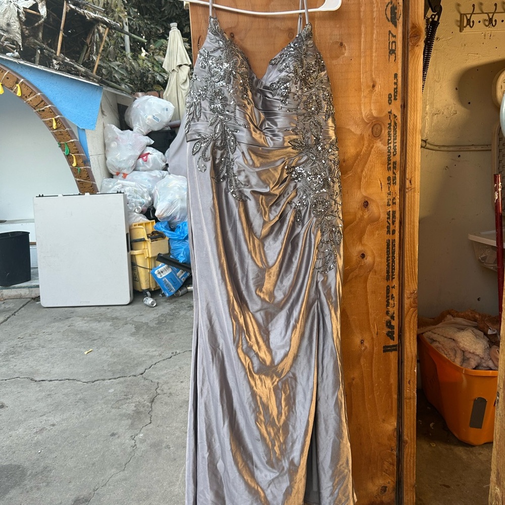 Elegant Silver Embellished Evening Dress